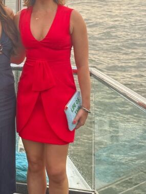BCBGMaxAzria Red V-Neck Sleeveless Bow-Front Mini Dress